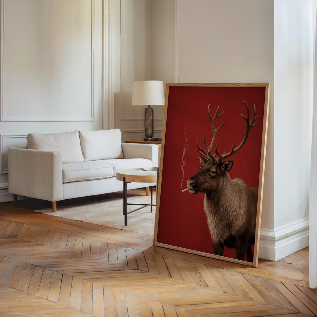 Smoking Reindeer Portrait Wall Art, Funny Christmas Print, Rudolp Santa Poster, Funny Animal Bar Cart Decor