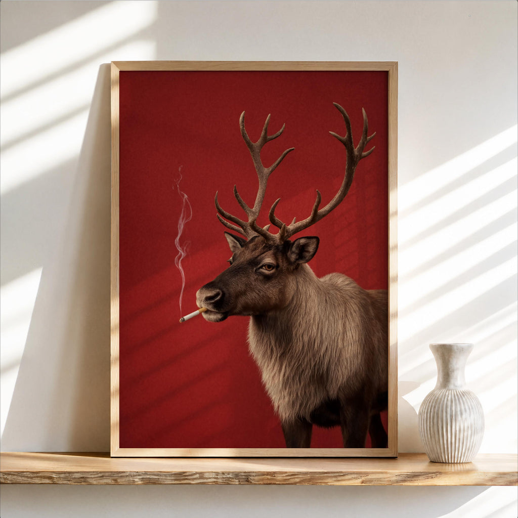 Smoking Reindeer Portrait Wall Art, Funny Christmas Print, Rudolp Santa Poster, Funny Animal Bar Cart Decor