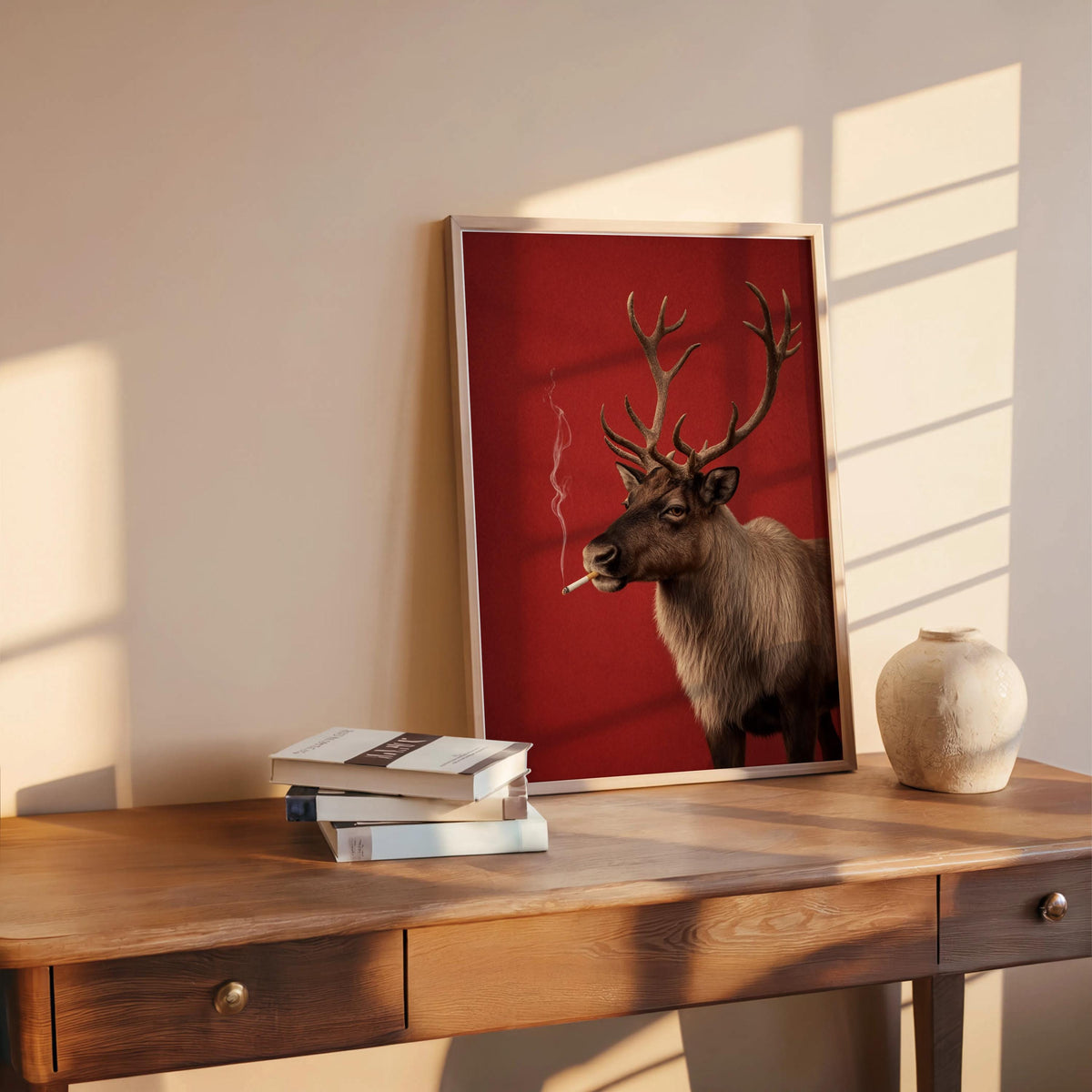 Smoking Reindeer Portrait Wall Art, Funny Christmas Print, Rudolp Santa Poster, Funny Animal Bar Cart Decor