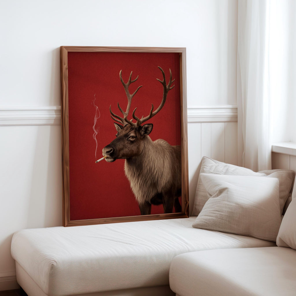Smoking Reindeer Portrait Wall Art, Funny Christmas Print, Rudolp Santa Poster, Funny Animal Bar Cart Decor