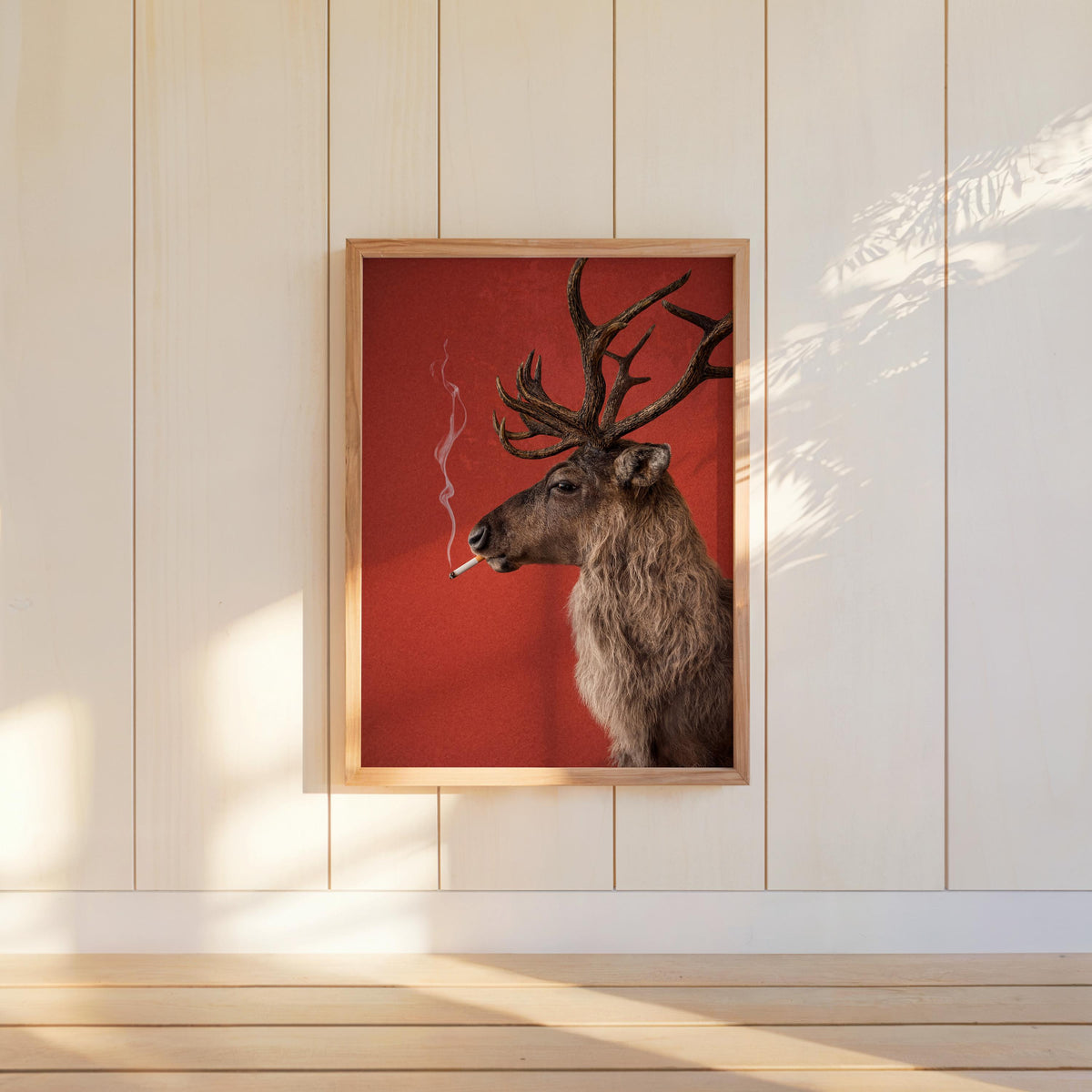 Reindeer Smoking Cigarette Print, Funny Christmas Wall Art, Rudolp Santa Claus Animal Poster, Quirky Xmas Bar Decor, Winter Cabin Gift