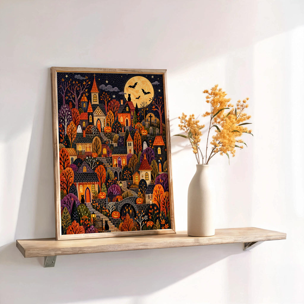 Halloween Village Wall Art, Spooky Town Print, Cozy Pumpkin Autumn Decor, Cute Dark Fall Illustration