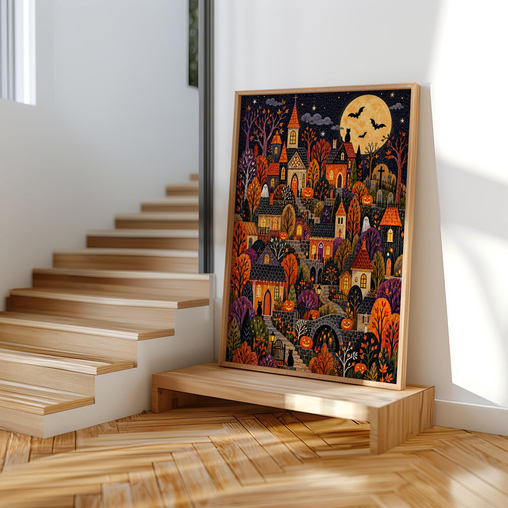 Halloween Village Wall Art, Spooky Town Print, Cozy Pumpkin Autumn Decor, Cute Dark Fall Illustration