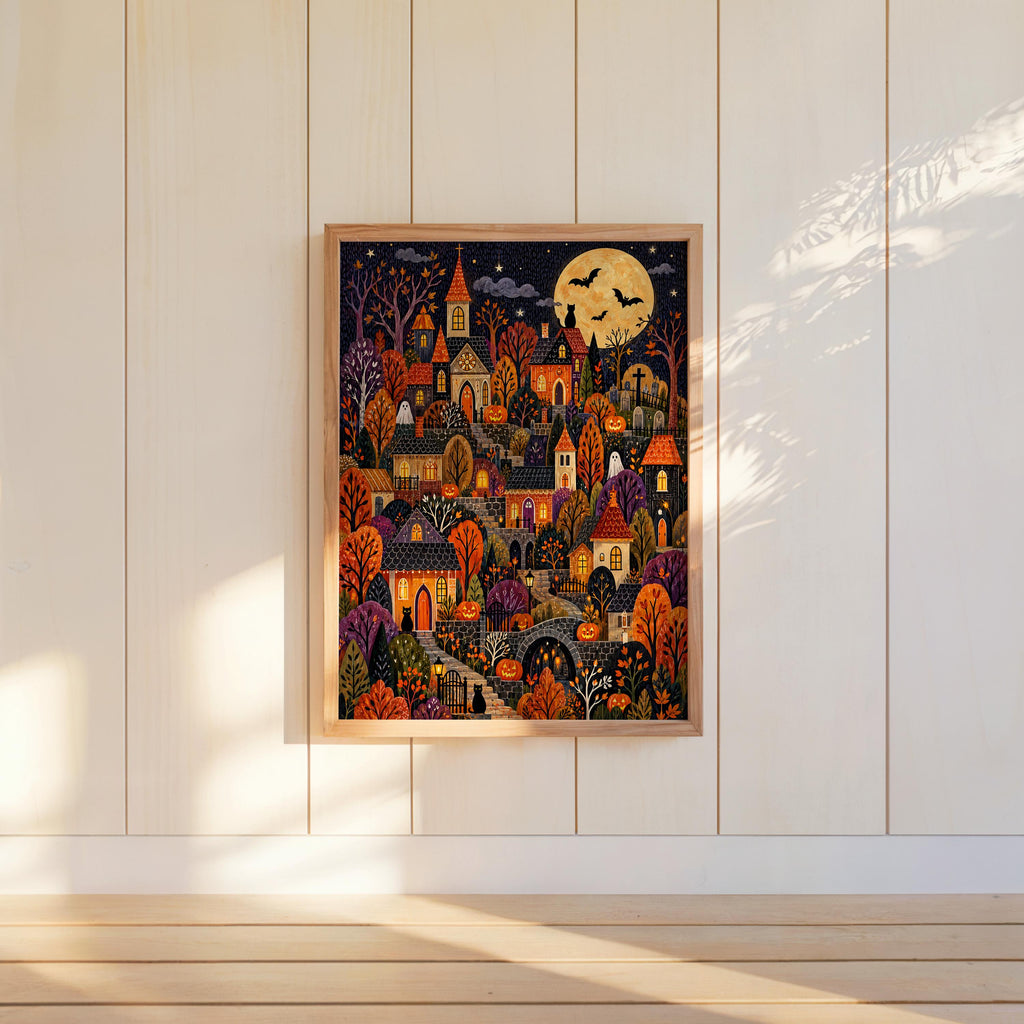 Halloween Village Wall Art, Spooky Town Print, Cozy Pumpkin Autumn Decor, Cute Dark Fall Illustration