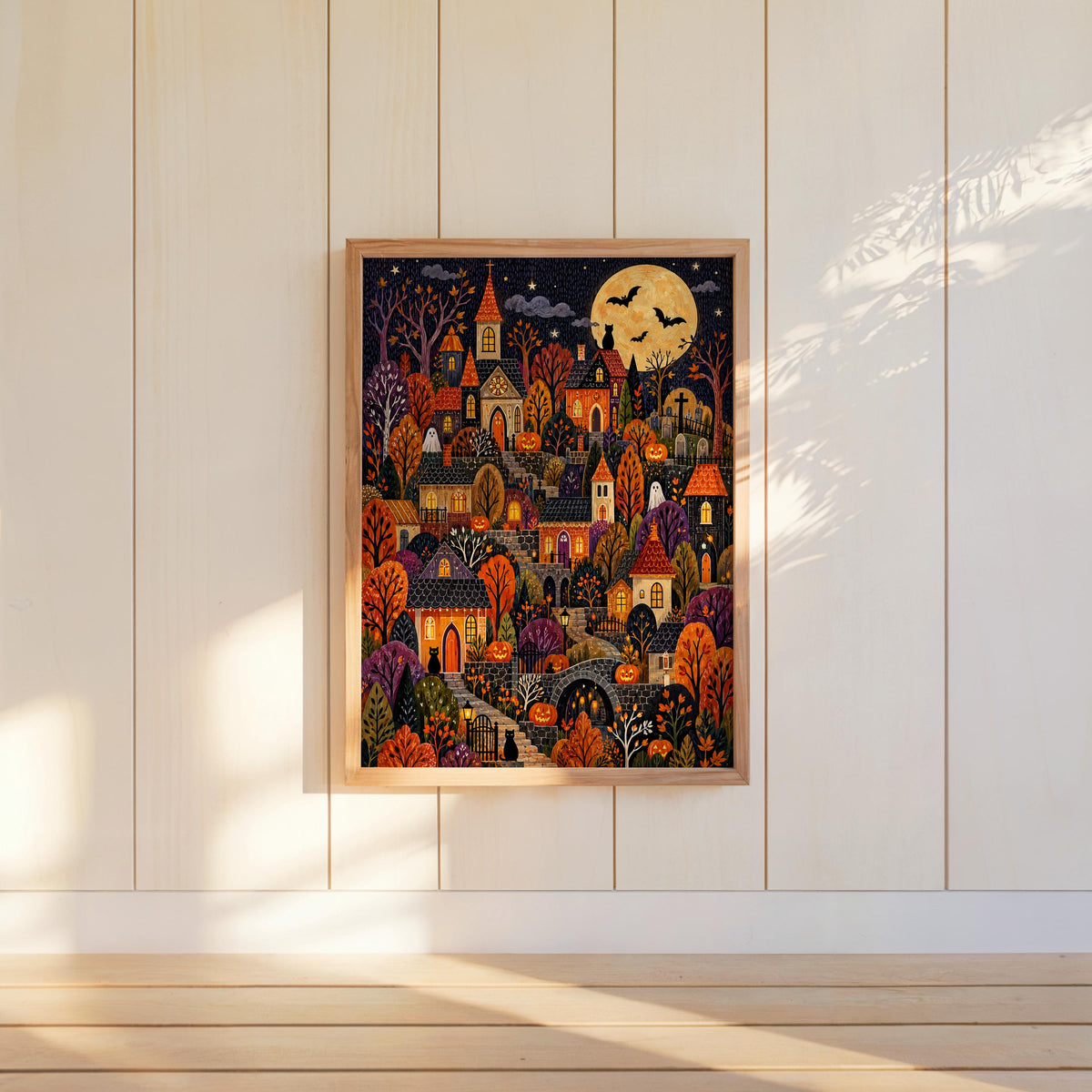Halloween Village Wall Art, Spooky Town Print, Cozy Pumpkin Autumn Decor, Cute Dark Fall Illustration