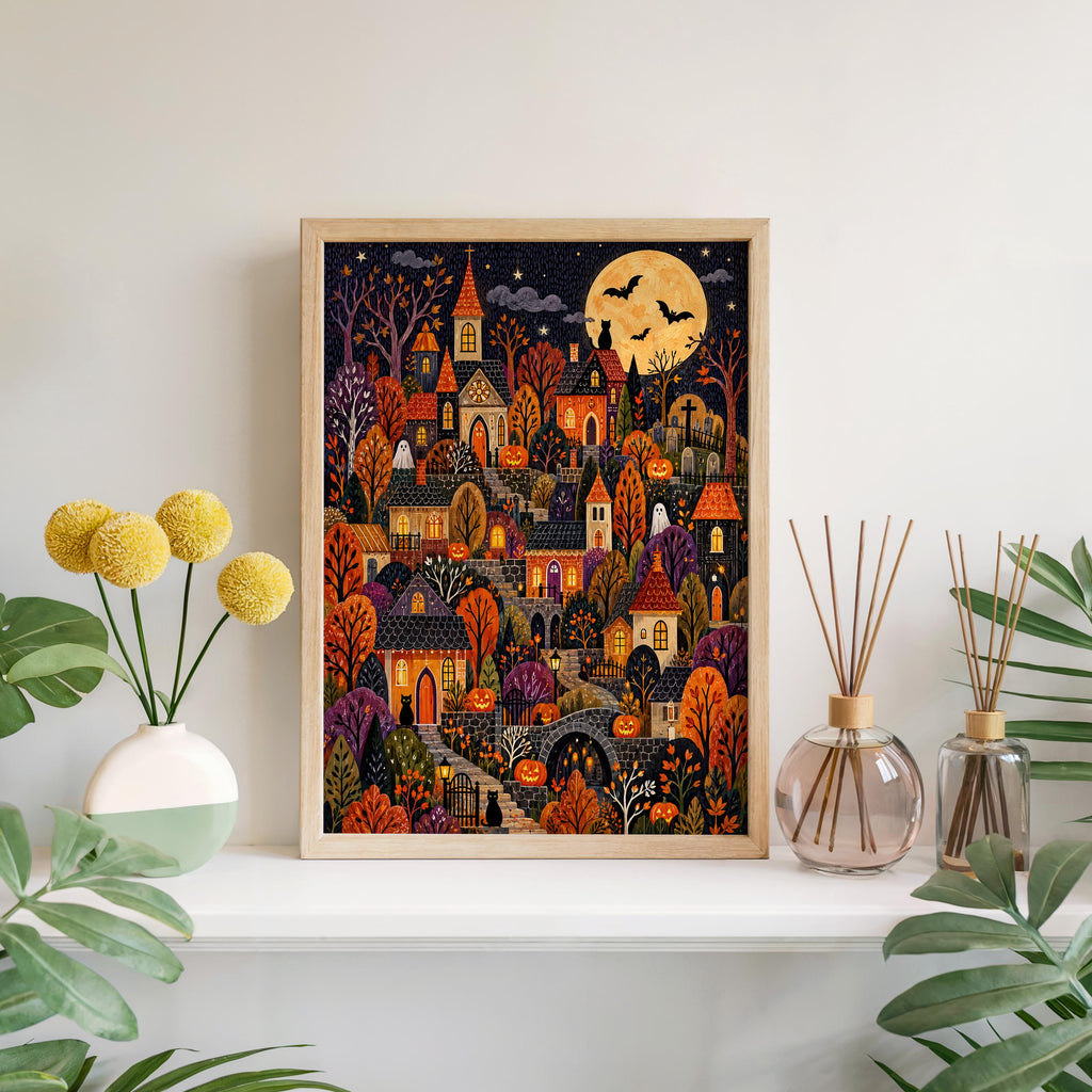 Halloween Village Wall Art, Spooky Town Print, Cozy Pumpkin Autumn Decor, Cute Dark Fall Illustration