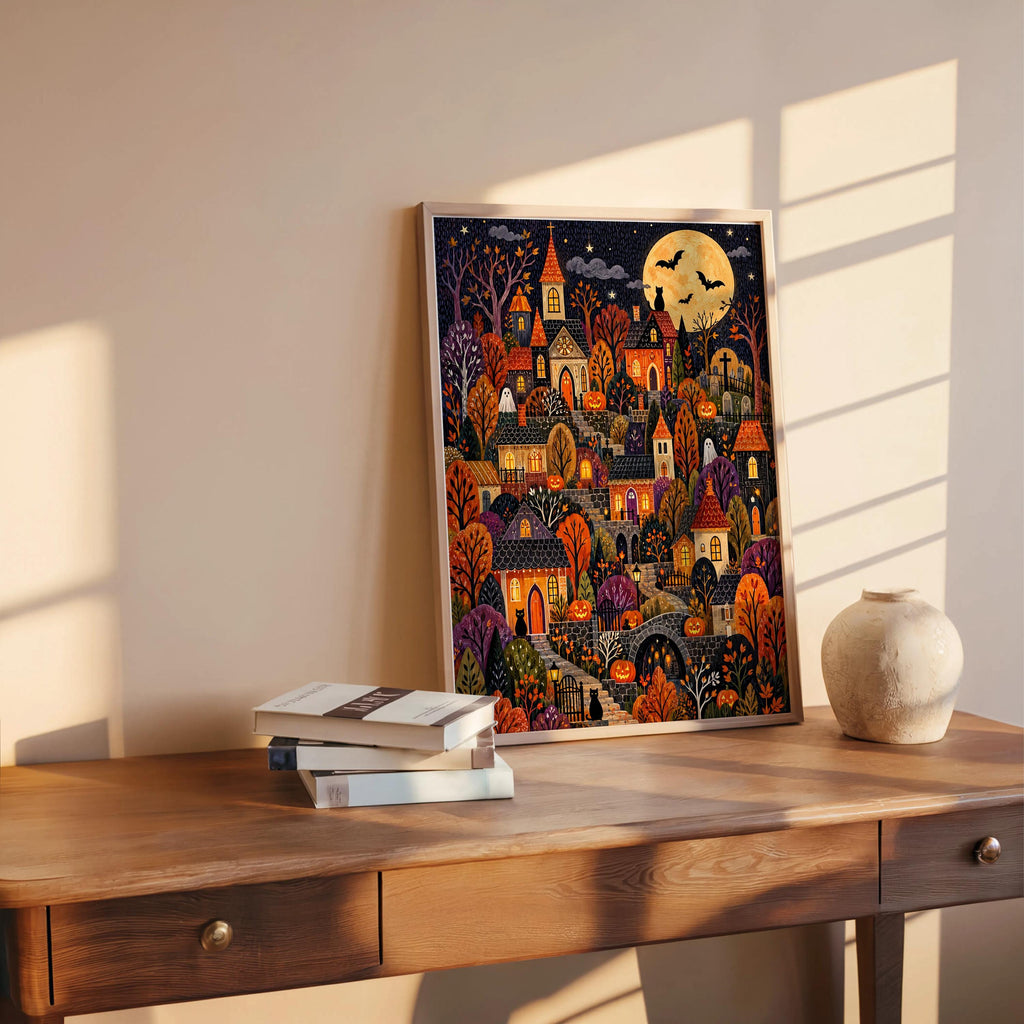 Halloween Village Wall Art, Spooky Town Print, Cozy Pumpkin Autumn Decor, Cute Dark Fall Illustration