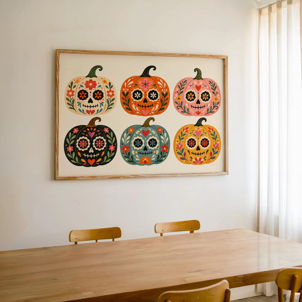 Sugar Skull Pumpkin Wall Art, Mexico Dia de los Muertos Folk Print, Colorful Calavera Halloween Autumn Decor, Mexican Culture Poster