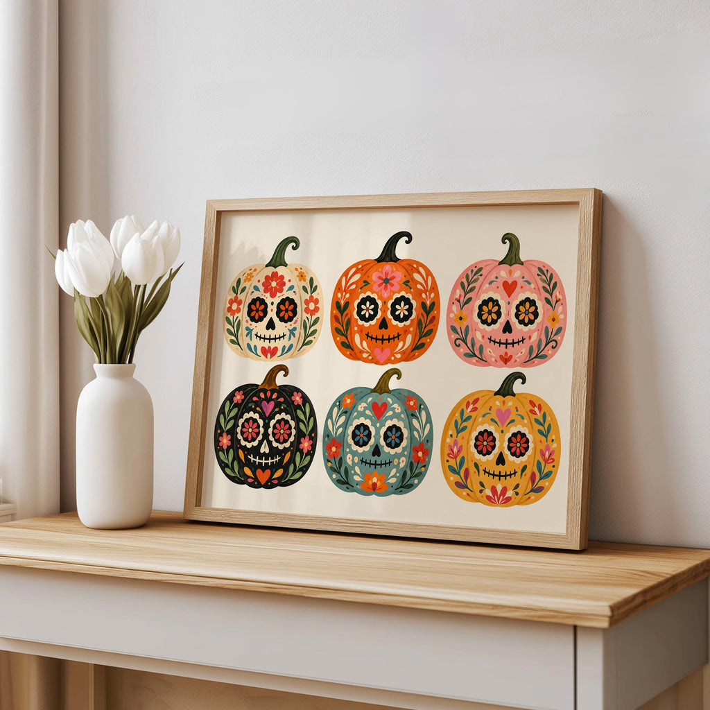 Sugar Skull Pumpkin Wall Art, Mexico Dia de los Muertos Folk Print, Colorful Calavera Halloween Autumn Decor, Mexican Culture Poster