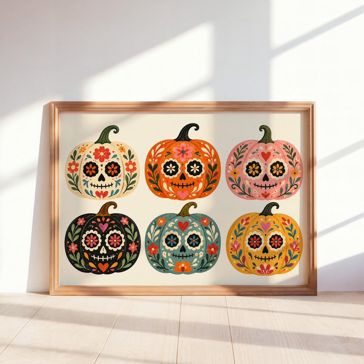 Sugar Skull Pumpkin Wall Art, Mexico Dia de los Muertos Folk Print, Colorful Calavera Halloween Autumn Decor, Mexican Culture Poster