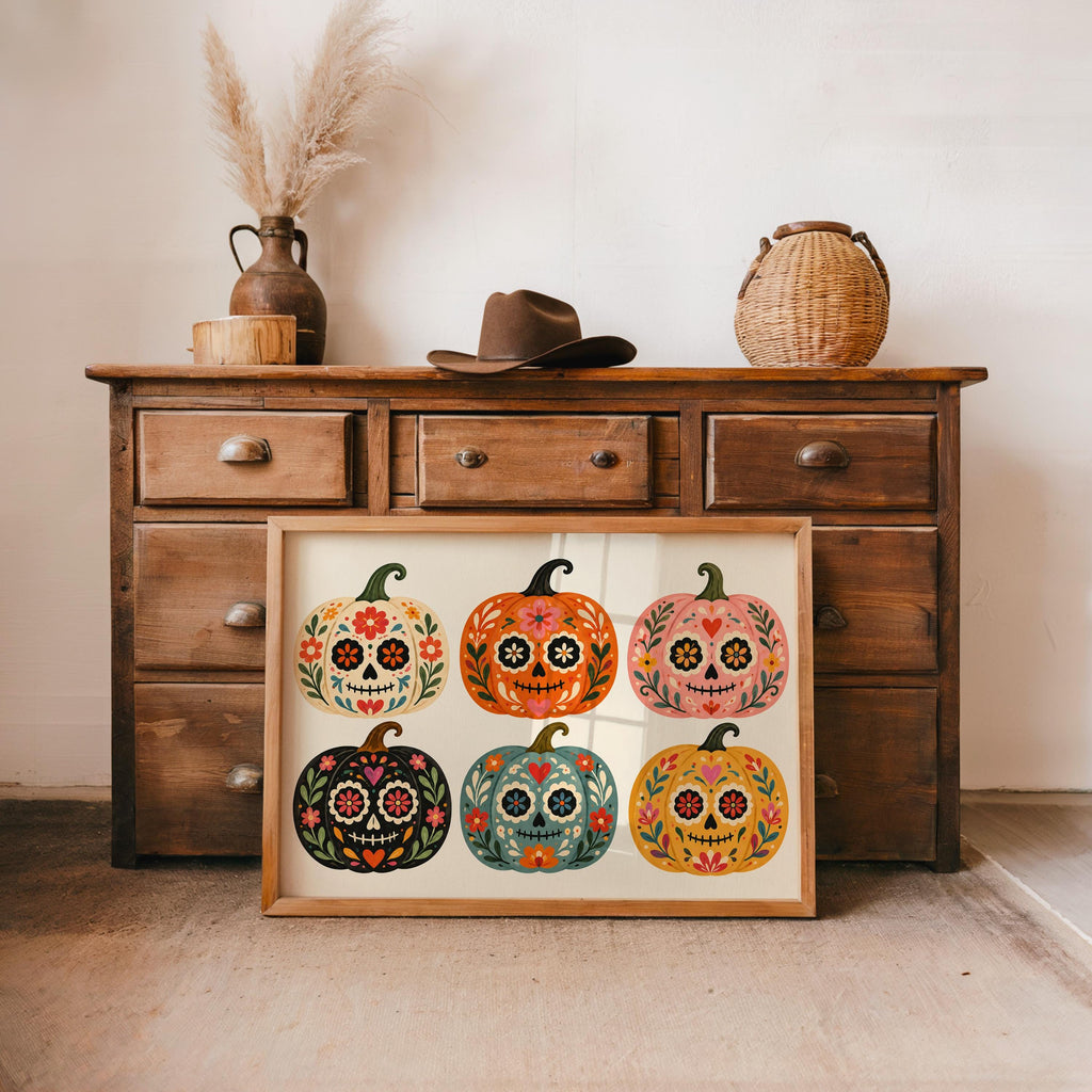 Sugar Skull Pumpkin Wall Art, Mexico Dia de los Muertos Folk Print, Colorful Calavera Halloween Autumn Decor, Mexican Culture Poster