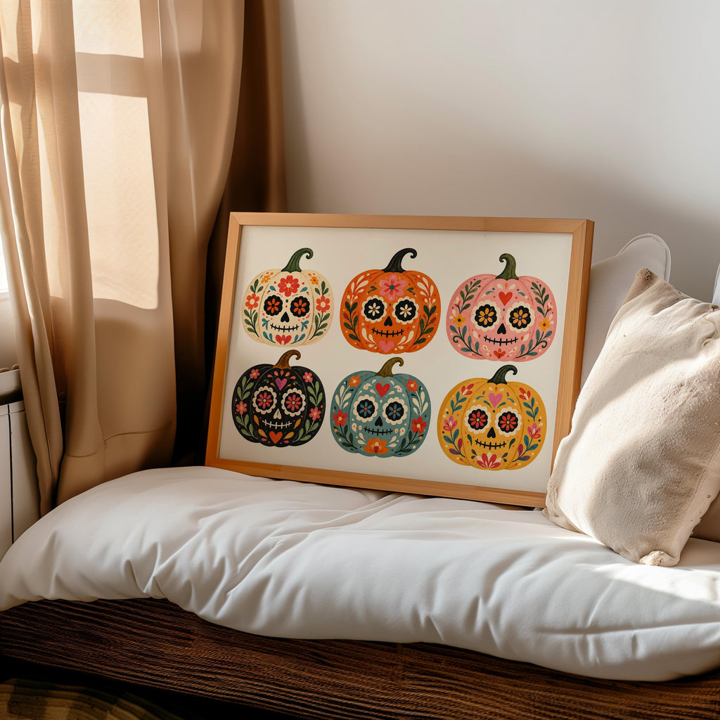 Sugar Skull Pumpkin Wall Art, Mexico Dia de los Muertos Folk Print, Colorful Calavera Halloween Autumn Decor, Mexican Culture Poster