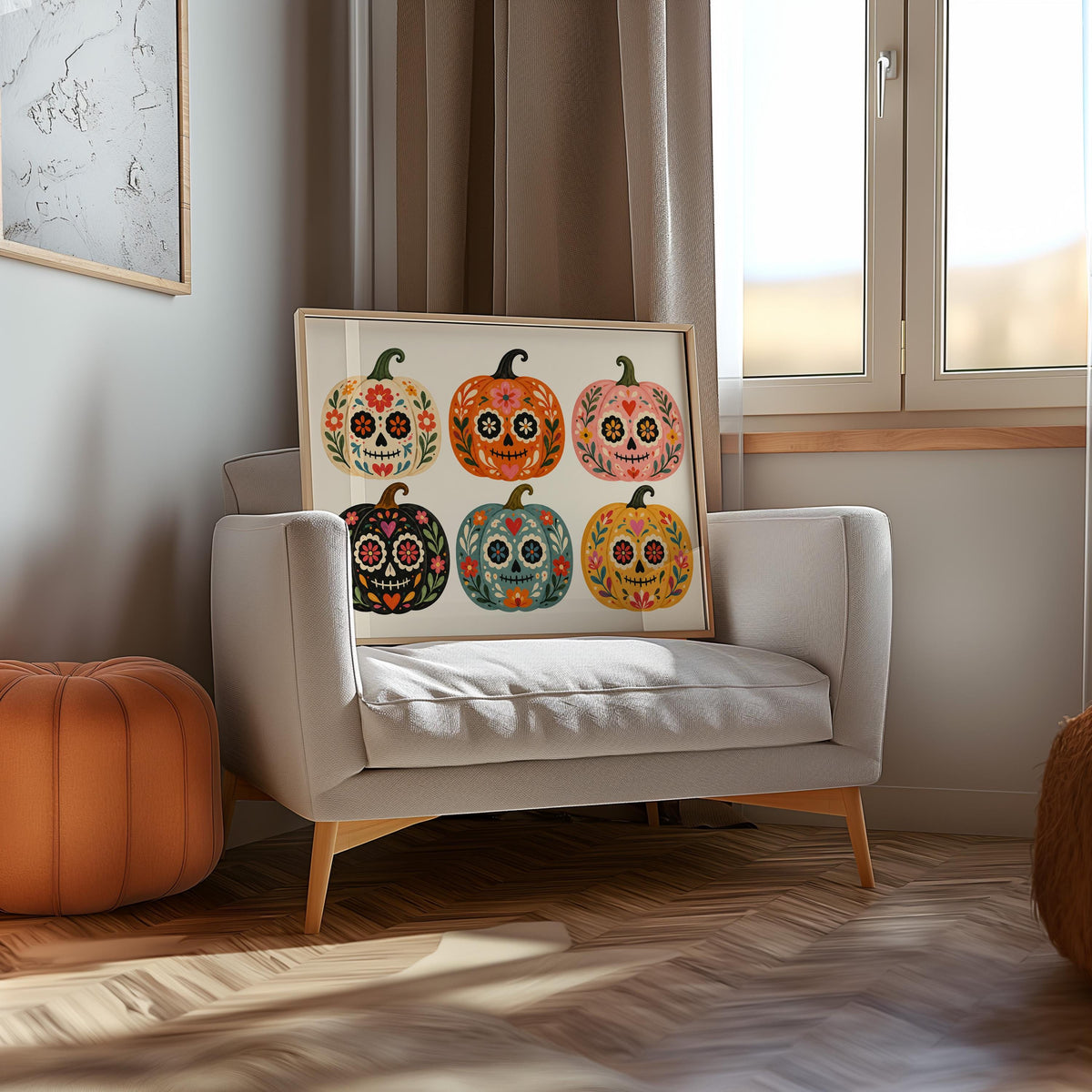 Sugar Skull Pumpkin Wall Art, Mexico Dia de los Muertos Folk Print, Colorful Calavera Halloween Autumn Decor, Mexican Culture Poster