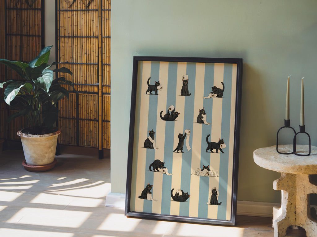 Cat Bathroom Print, Funny Toilet Paper Cats, Vintage Striped Animal Wall Art, Quirky Restroom Decor