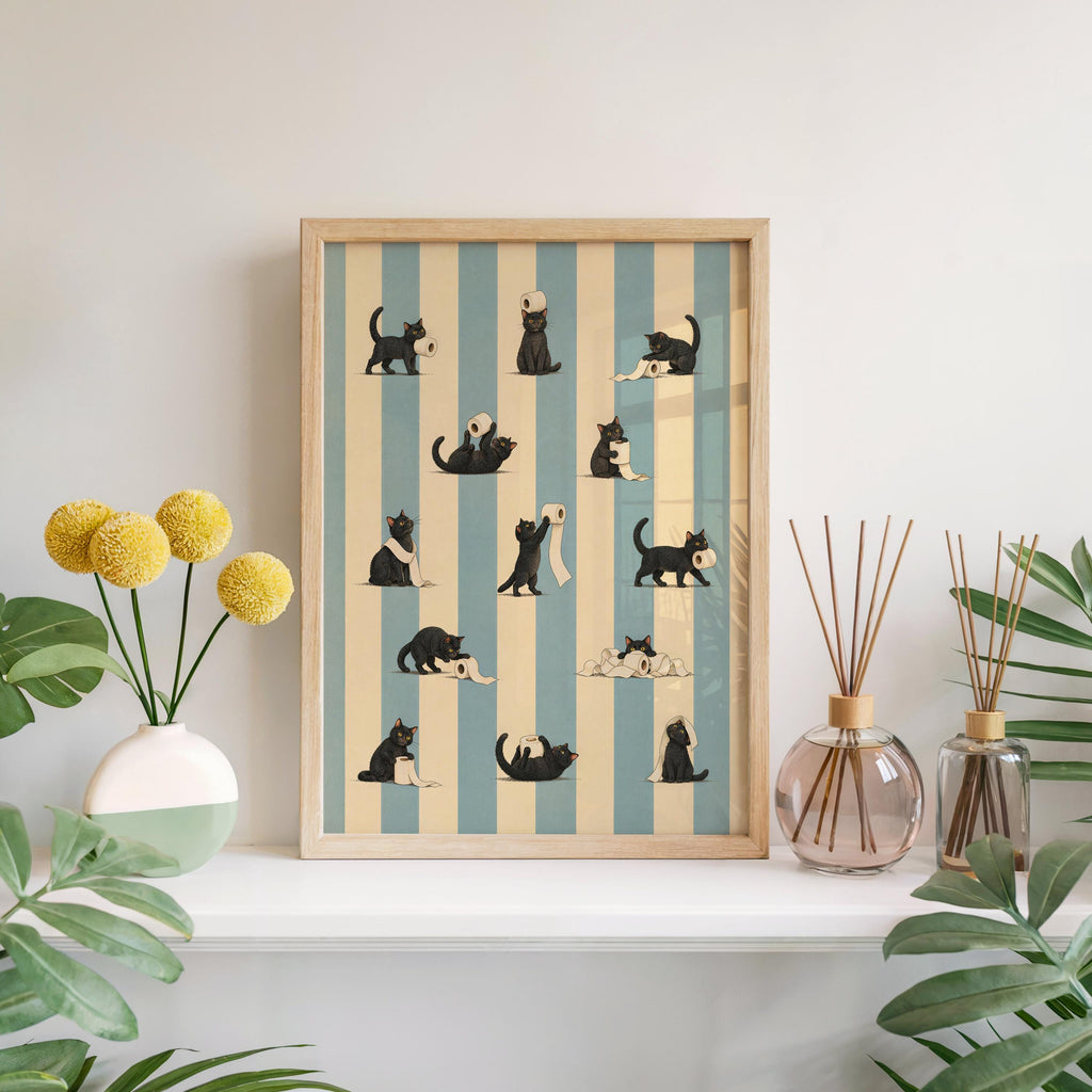 Cat Bathroom Print, Funny Toilet Paper Cats, Vintage Striped Animal Wall Art, Quirky Restroom Decor