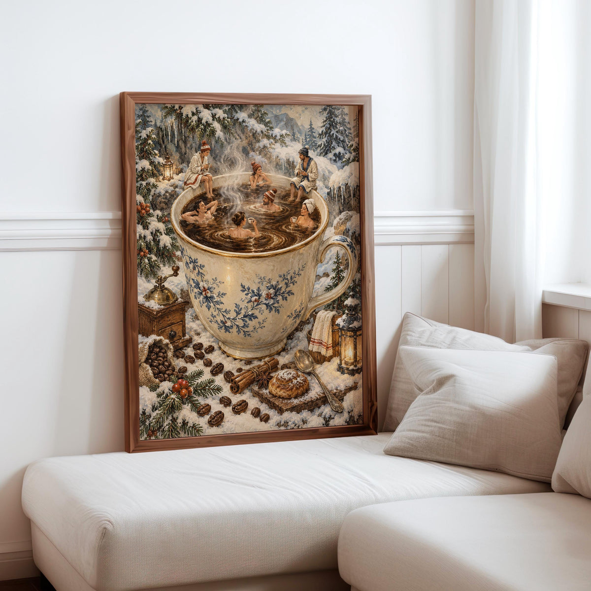 Christmas Coffee Mug & Tiny People Print, Cozy Winter Bar Wall Art, Antique Holiday Illustration, Festive Cabin Decor, Coffee Lover Gift