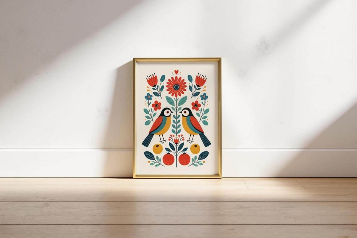 Small framed Nordic bird wall art propped against wall, sunlight shadow, symmetrical rosemaling-inspired birds and blooms.