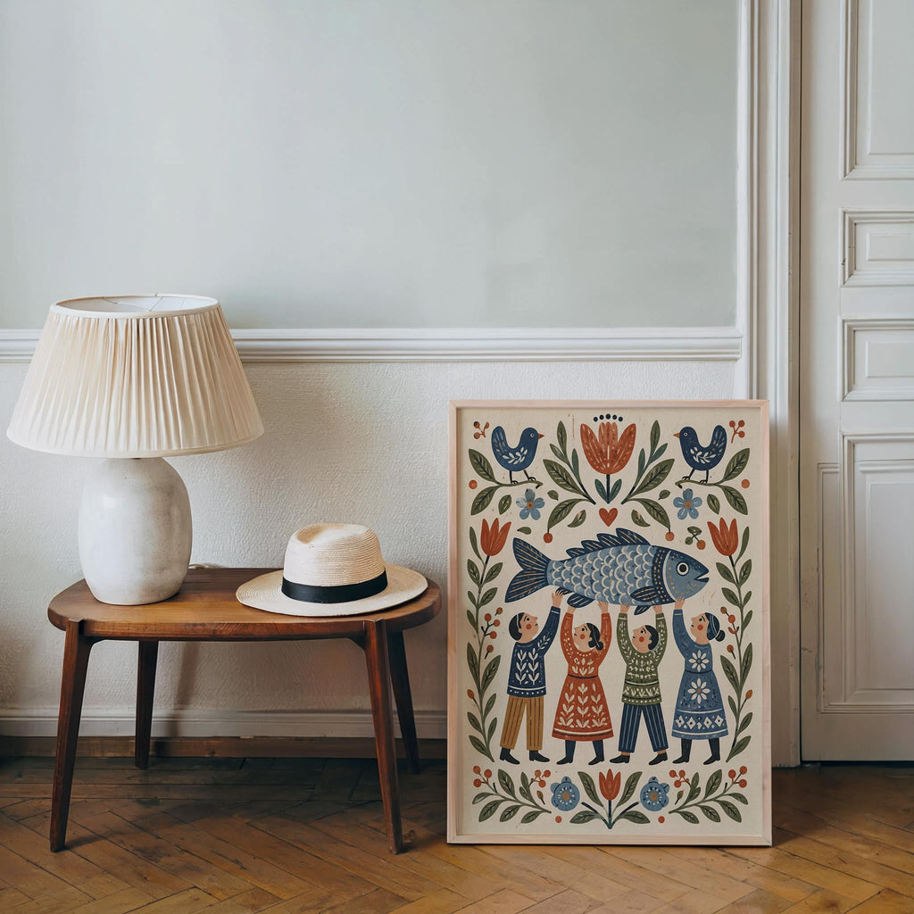 Scandinavian Fish Folk Wall Art, Scandi Inspired Kitchen Accent, Coastal Dining Room Decor, Gift for Seafood Lovers