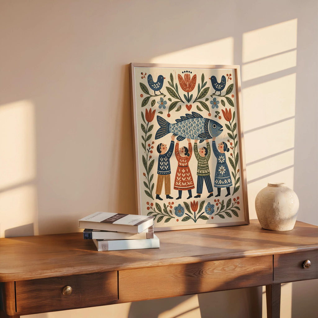 Scandinavian Fish Folk Wall Art, Scandi Inspired Kitchen Accent, Coastal Dining Room Decor, Gift for Seafood Lovers