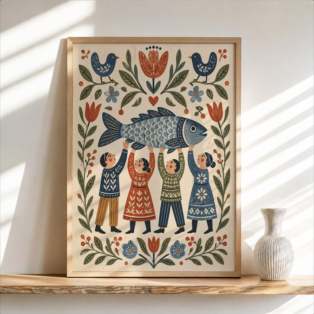 Scandinavian Fish Folk Wall Art, Scandi Inspired Kitchen Accent, Coastal Dining Room Decor, Gift for Seafood Lovers