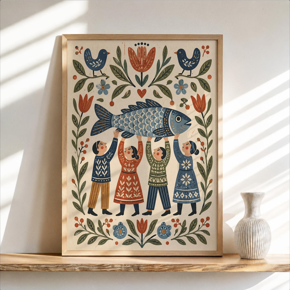 Scandinavian Fish Folk Wall Art, Scandi Inspired Kitchen Accent, Coastal Dining Room Decor, Gift for Seafood Lovers