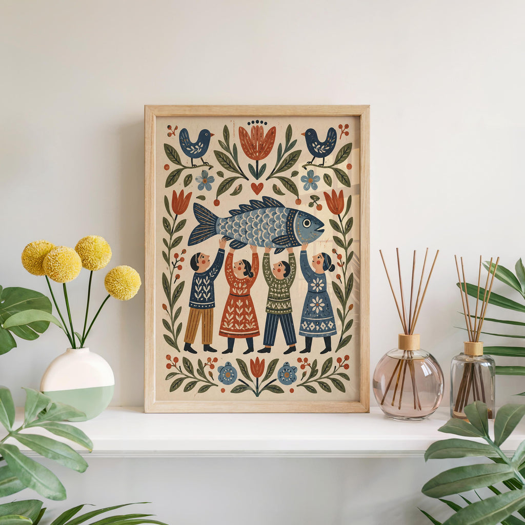 Scandinavian Fish Folk Wall Art, Scandi Inspired Kitchen Accent, Coastal Dining Room Decor, Gift for Seafood Lovers
