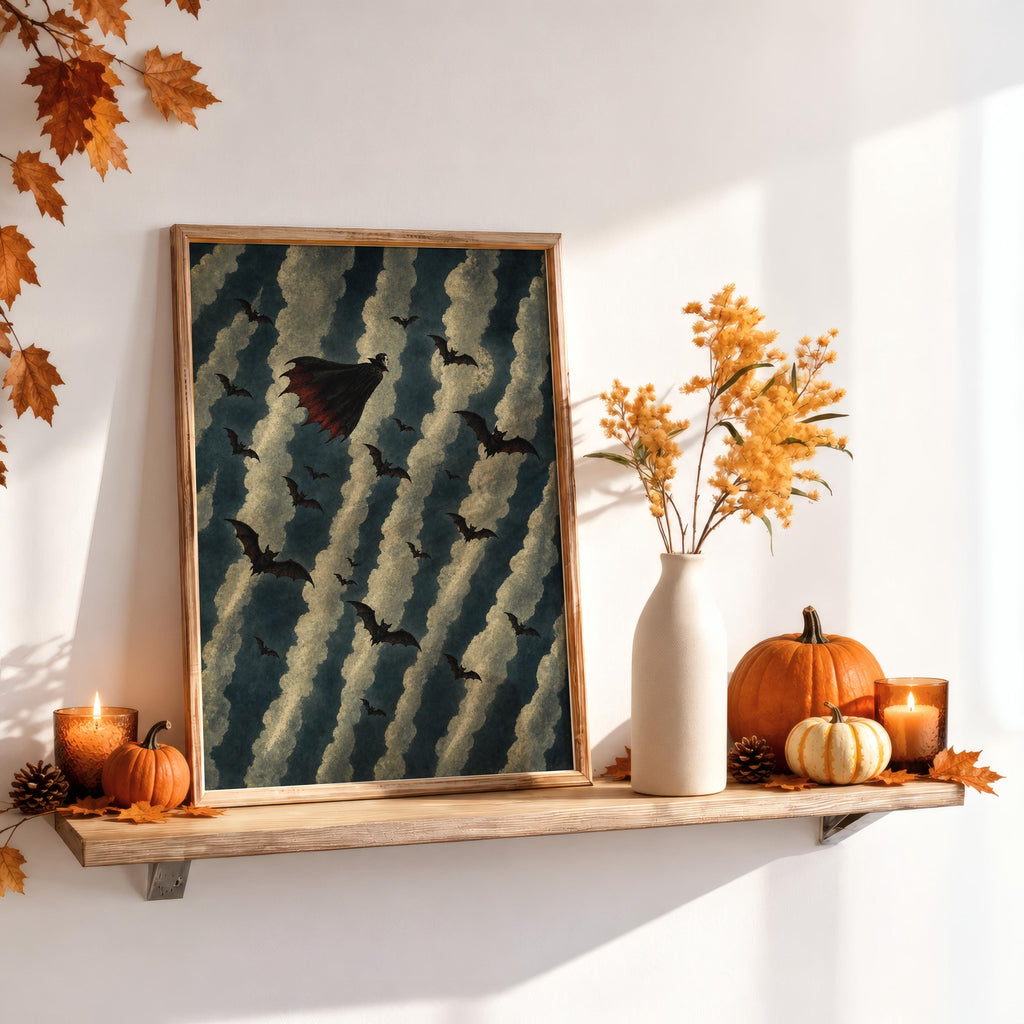 Flying Vampire Halloween Print, Spooky Season Night Poster, Bat Decor, Dark Academia Room Art, Autumn Gothic Wall Decoration