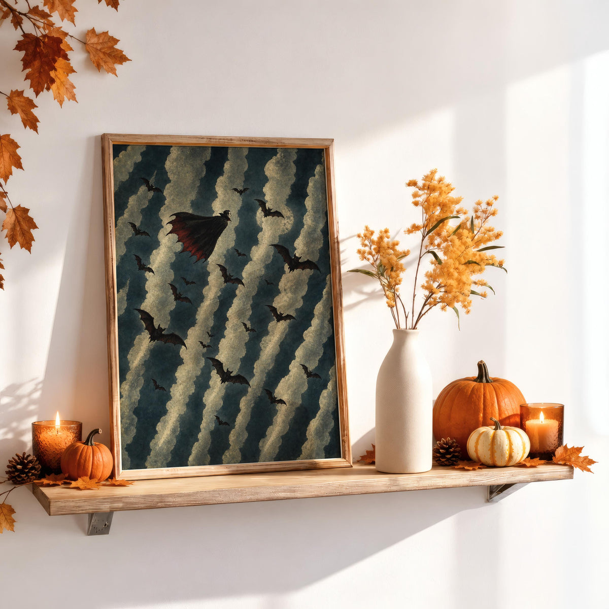 Flying Vampire Halloween Print, Spooky Season Night Poster, Bat Decor, Dark Academia Room Art, Autumn Gothic Wall Decoration