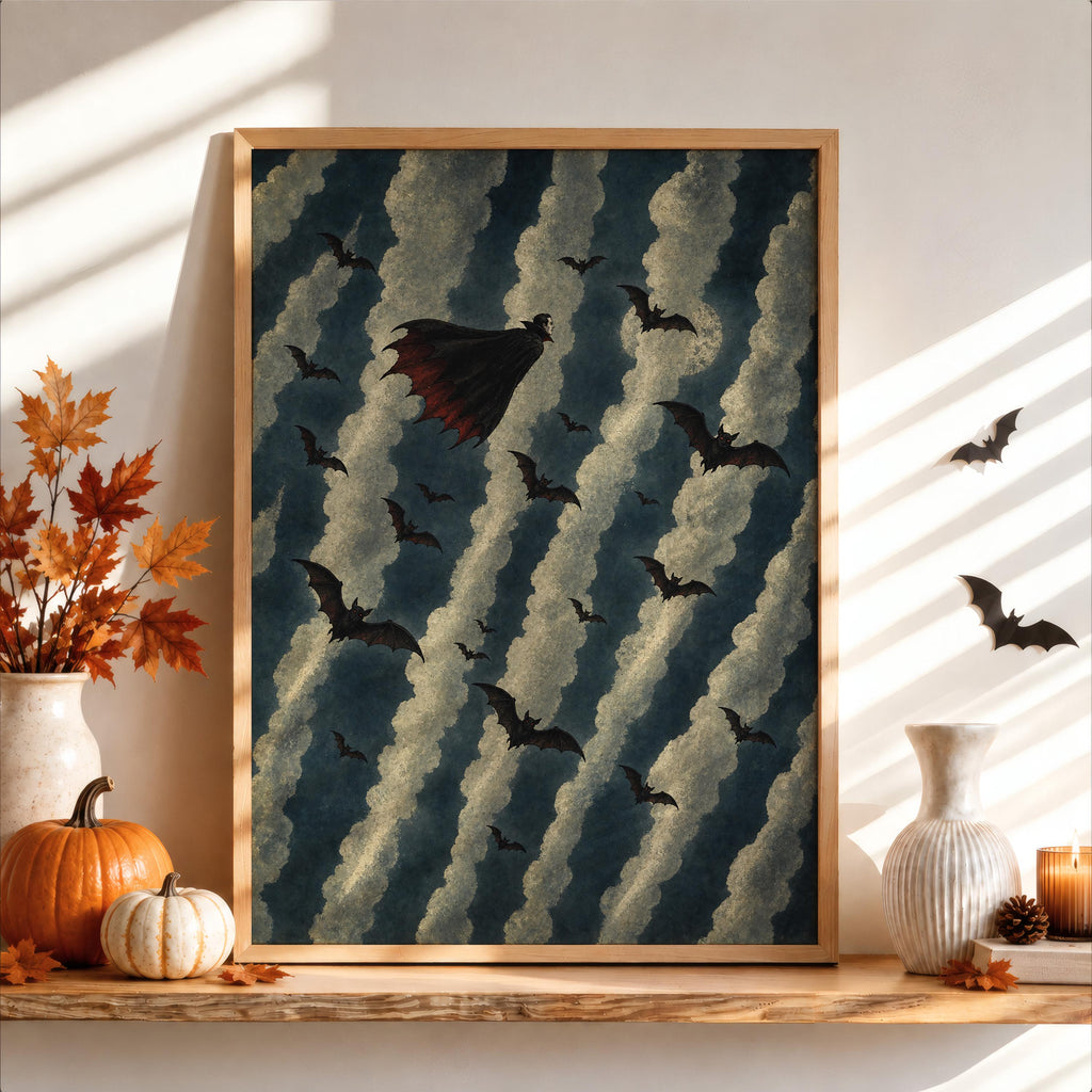 Flying Vampire Halloween Print, Spooky Season Night Poster, Bat Decor, Dark Academia Room Art, Autumn Gothic Wall Decoration