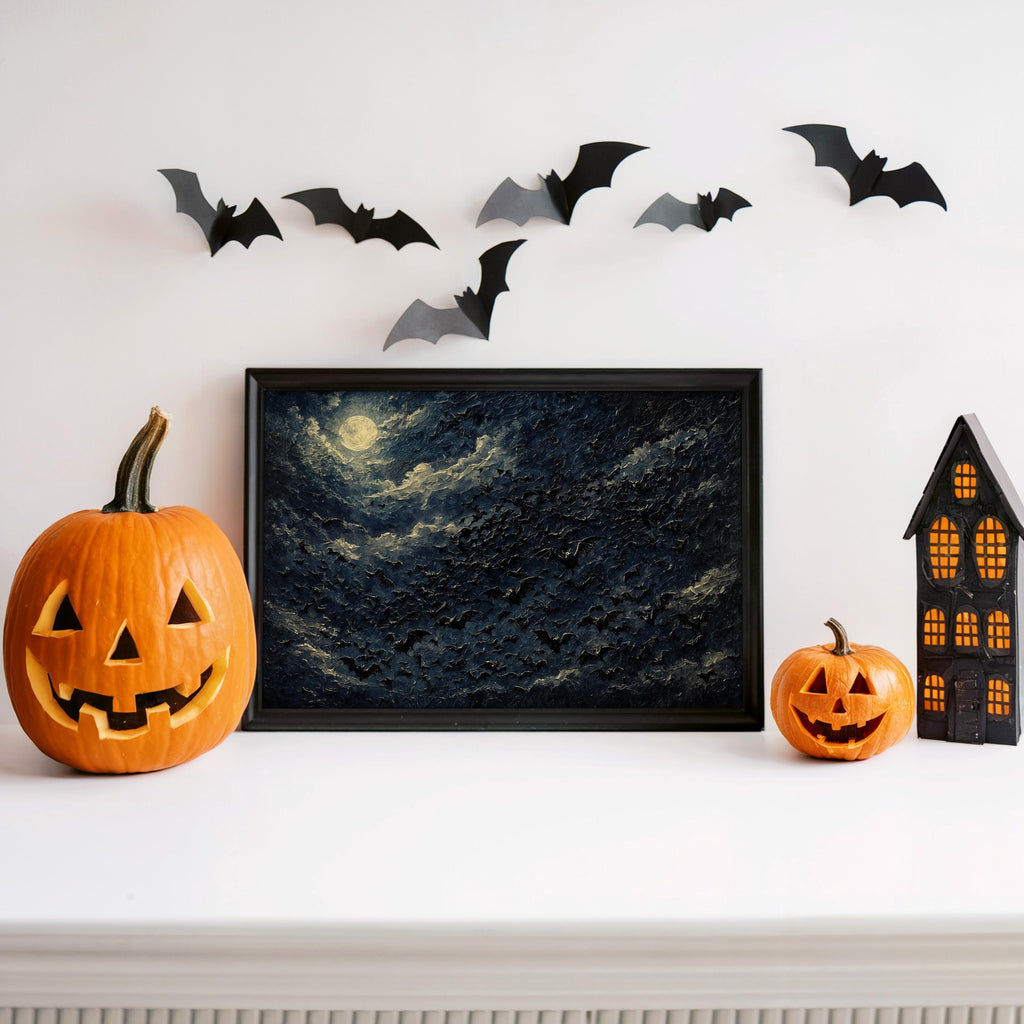 Bat Swarm Storm Wall Art, Indigo Halloween Poster, Gothic Night Print, Dramatic Spooky Season Decor, Witchy Vampire Dracula Decor