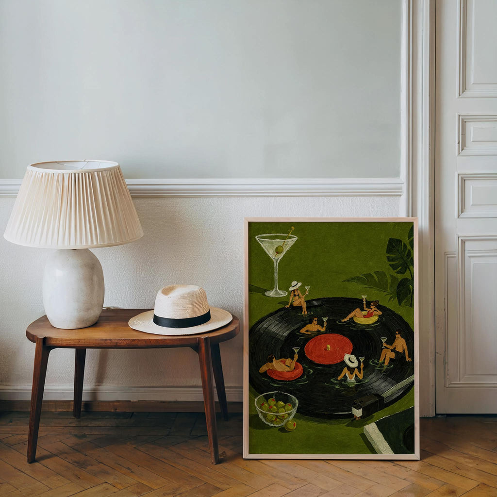 Tiny People on Vinyl Record Wall Art, Martini Cocktail Party Illustration, Record Collector Gift, Stylish Bar Cart Decor, Surreal Poster