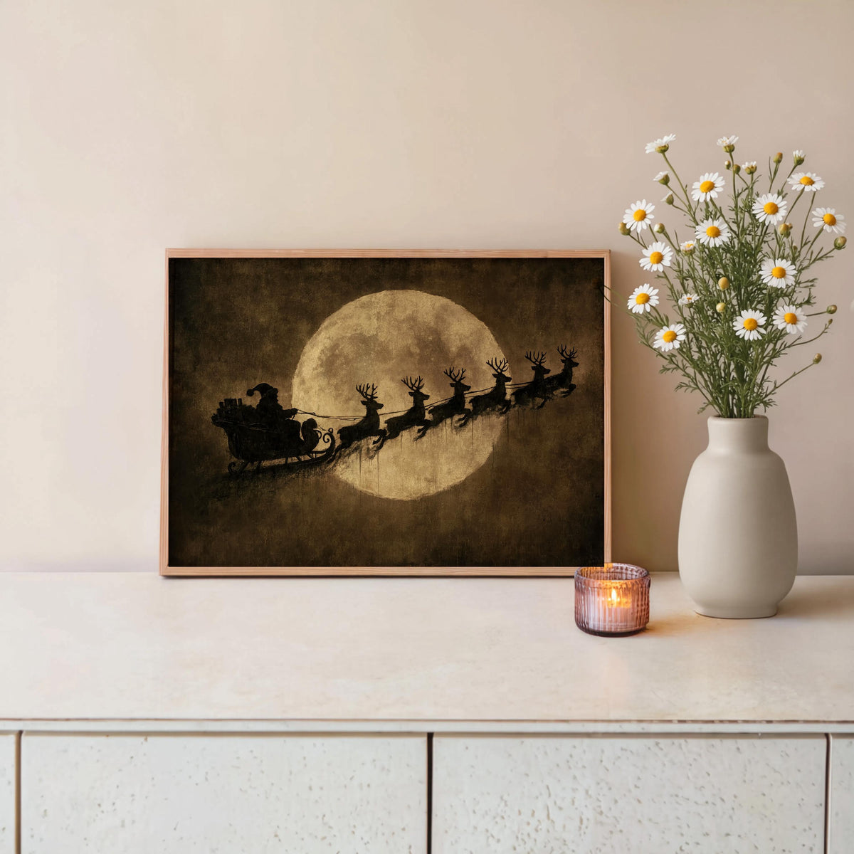 Vintage Santa Sleigh Print, Reindeer Flying Over Full Moon, Rustic Christmas Wall Art, Antique Holiday Decor, Moody Dark Winter Poster