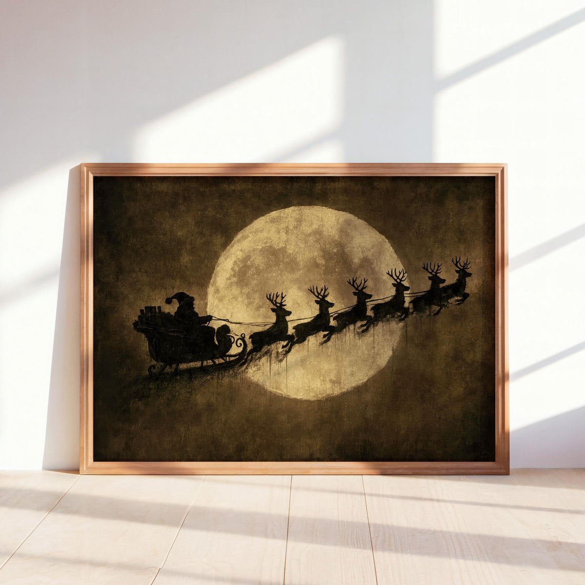 Vintage Santa Sleigh Print, Reindeer Flying Over Full Moon, Rustic Christmas Wall Art, Antique Holiday Decor, Moody Dark Winter Poster