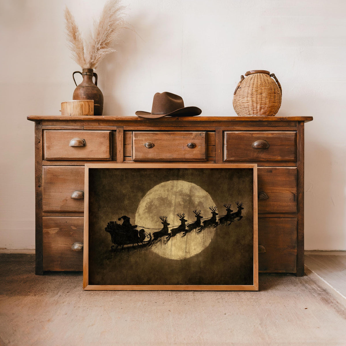 Vintage Santa Sleigh Print, Reindeer Flying Over Full Moon, Rustic Christmas Wall Art, Antique Holiday Decor, Moody Dark Winter Poster