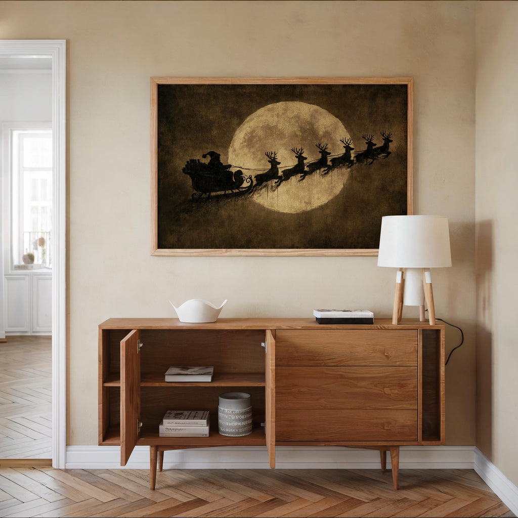 Vintage Santa Sleigh Print, Reindeer Flying Over Full Moon, Rustic Christmas Wall Art, Antique Holiday Decor, Moody Dark Winter Poster