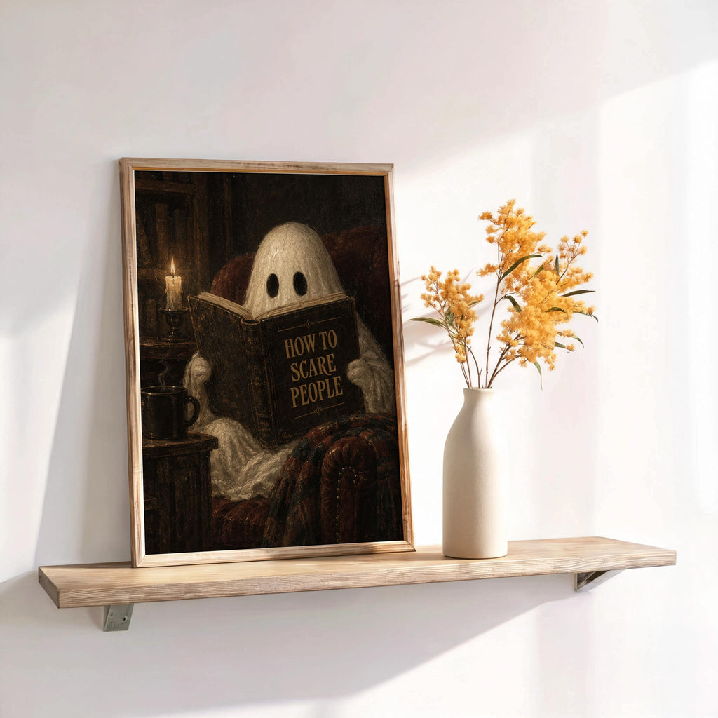 Ghost Reading Print, How to Scare People Halloween Poster, Gothic Cozy Wall Art, Vintage Spooky Decor, Dark Academia Gift, Haunted Library
