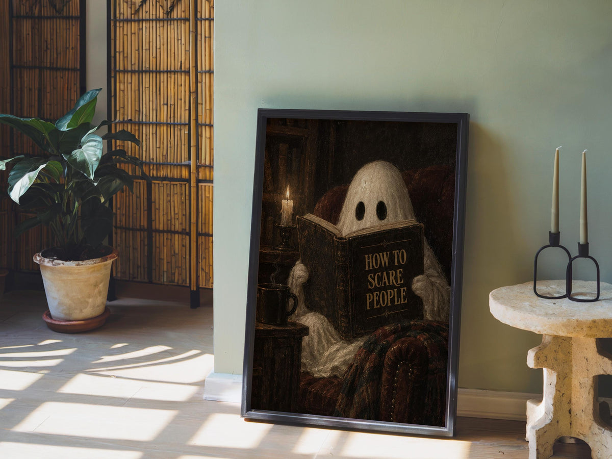 Ghost Reading Print, How to Scare People Halloween Poster, Gothic Cozy Wall Art, Vintage Spooky Decor, Dark Academia Gift, Haunted Library