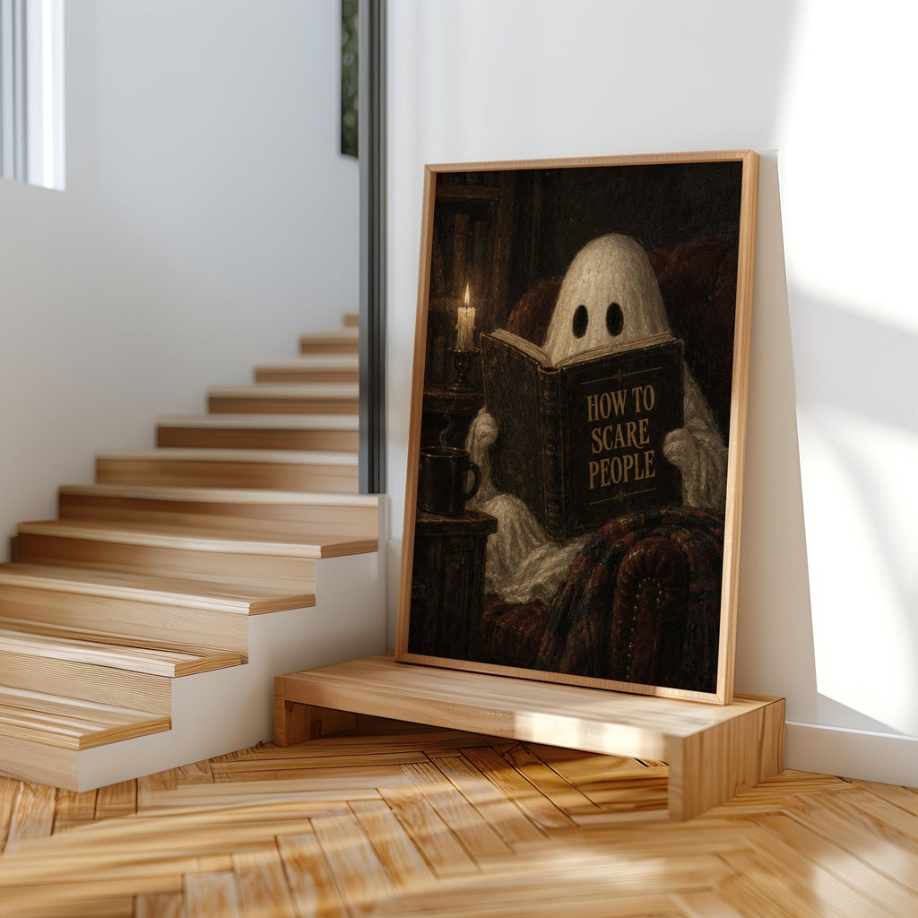 Ghost Reading Print, How to Scare People Halloween Poster, Gothic Cozy Wall Art, Vintage Spooky Decor, Dark Academia Gift, Haunted Library