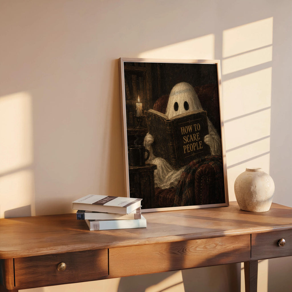 Ghost Reading Print, How to Scare People Halloween Poster, Gothic Cozy Wall Art, Vintage Spooky Decor, Dark Academia Gift, Haunted Library