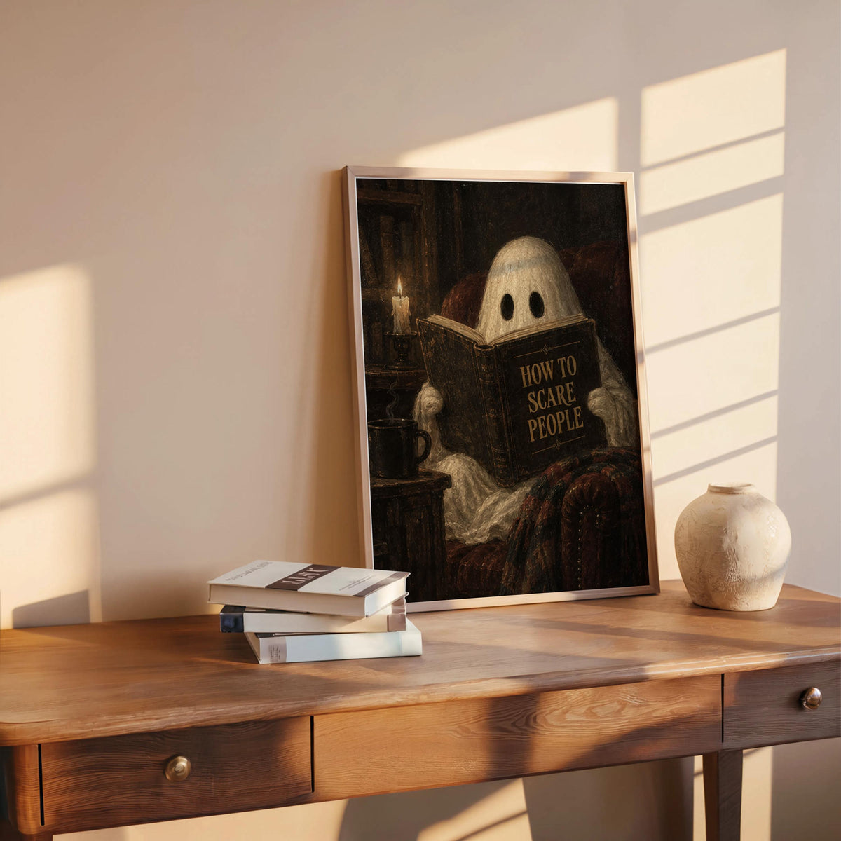Ghost Reading Print, How to Scare People Halloween Poster, Gothic Cozy Wall Art, Vintage Spooky Decor, Dark Academia Gift, Haunted Library