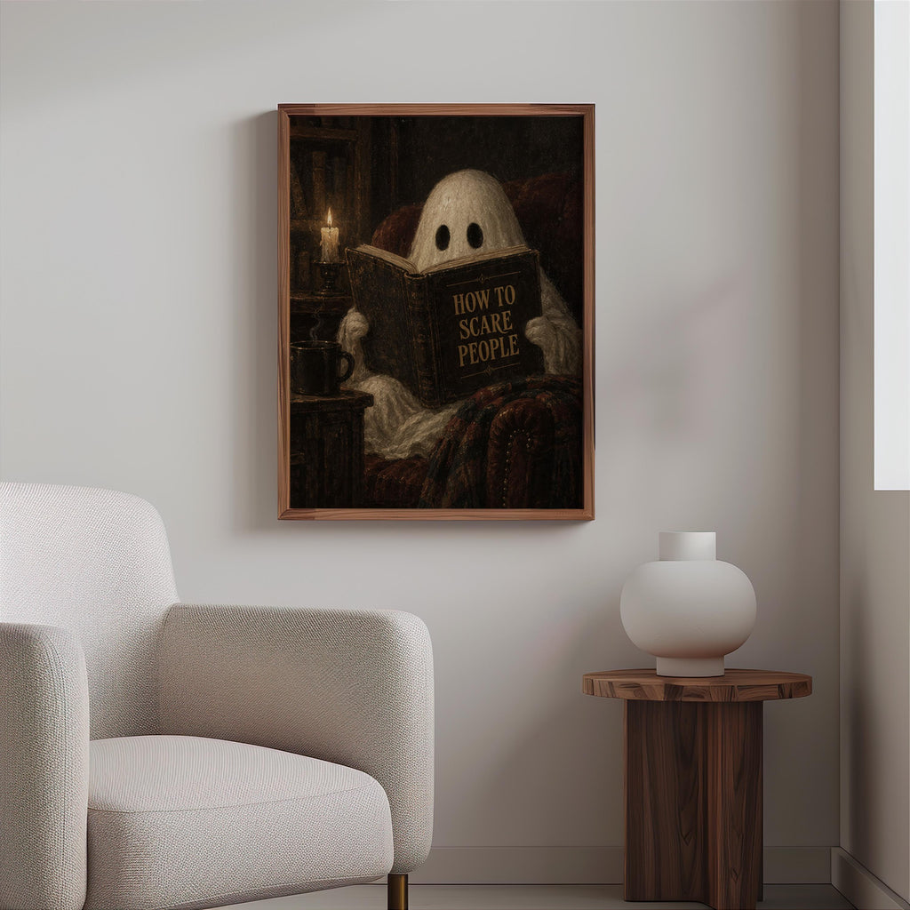 Ghost Reading Print, How to Scare People Halloween Poster, Gothic Cozy Wall Art, Vintage Spooky Decor, Dark Academia Gift, Haunted Library