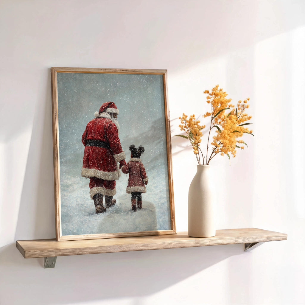 Black Santa Claus & Child Christmas Print, Vintage Winter Wall Art, Snowy Holiday, Cozy African American Decor, Classic Afrocentric Poster
