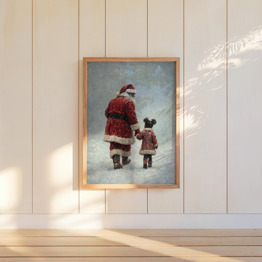 Black Santa Claus & Child Christmas Print, Vintage Winter Wall Art, Snowy Holiday, Cozy African American Decor, Classic Afrocentric Poster