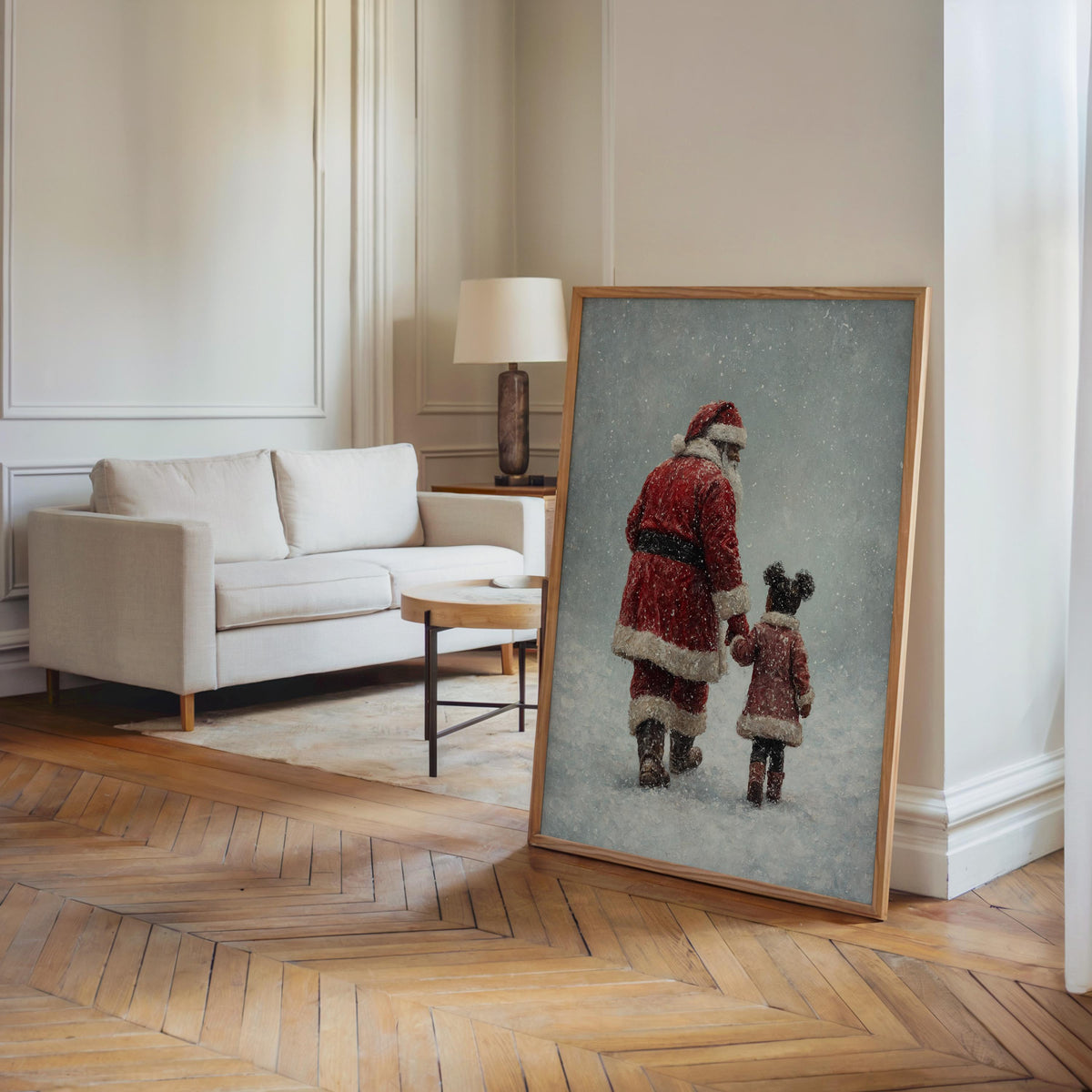 Black Santa Claus & Child Christmas Print, Vintage Winter Wall Art, Snowy Holiday, Cozy African American Decor, Classic Afrocentric Poster