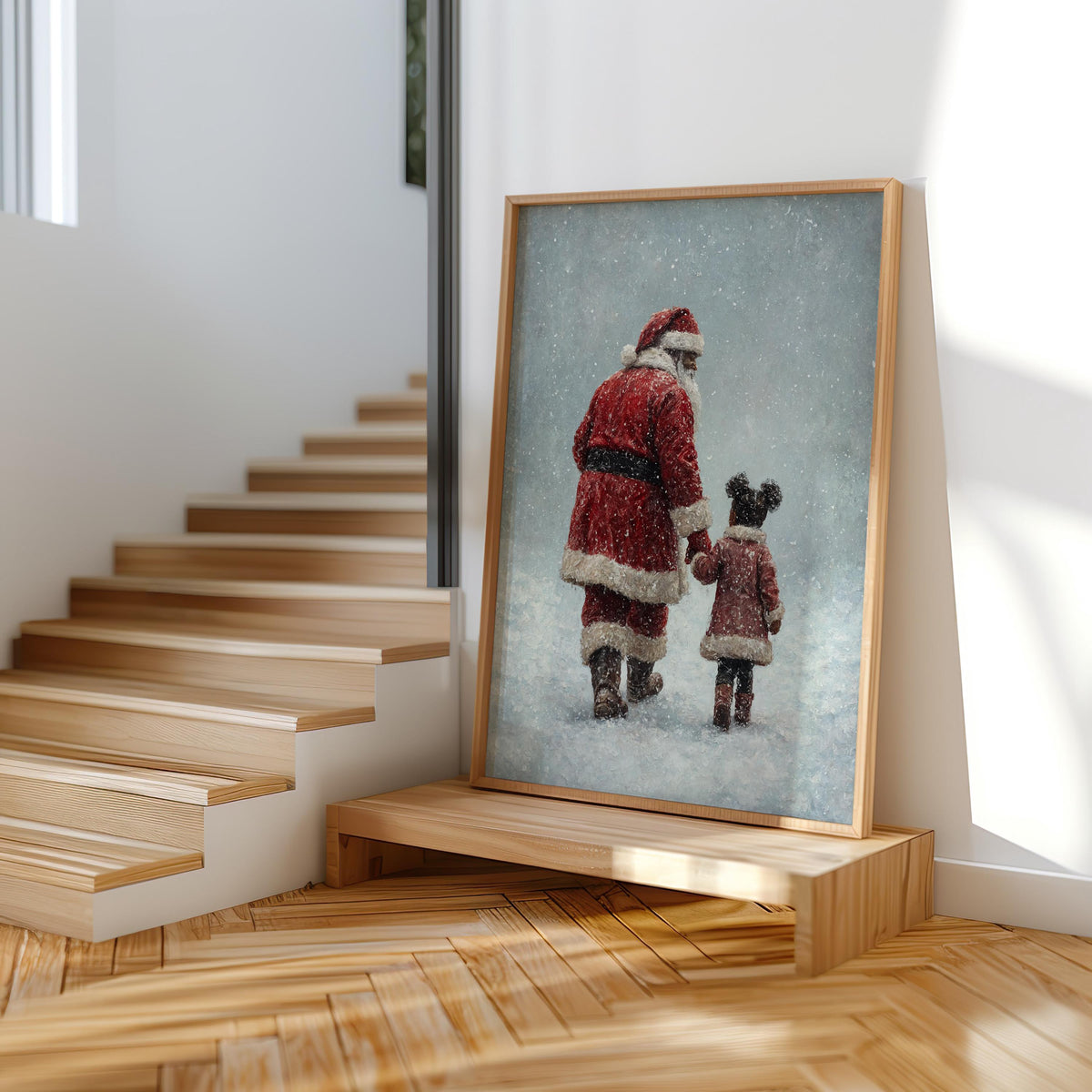 Black Santa Claus & Child Christmas Print, Vintage Winter Wall Art, Snowy Holiday, Cozy African American Decor, Classic Afrocentric Poster