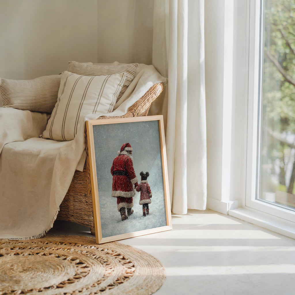 Black Santa Claus & Child Christmas Print, Vintage Winter Wall Art, Snowy Holiday, Cozy African American Decor, Classic Afrocentric Poster