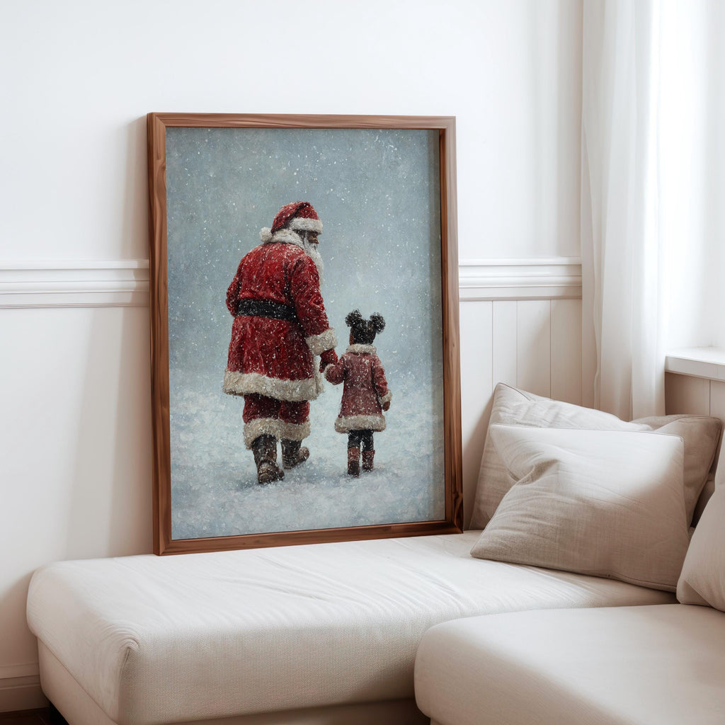 Black Santa Claus & Child Christmas Print, Vintage Winter Wall Art, Snowy Holiday, Cozy African American Decor, Classic Afrocentric Poster