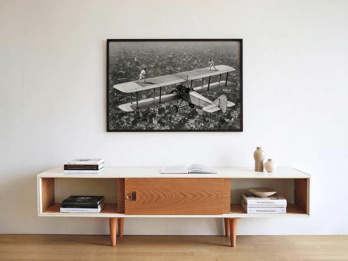 Tennis on Airplane Print, Surreal Aviation Wall Art, Vintage Black and White Sport Poster, Retro Airline Flying Scene, Funny Old School Gift