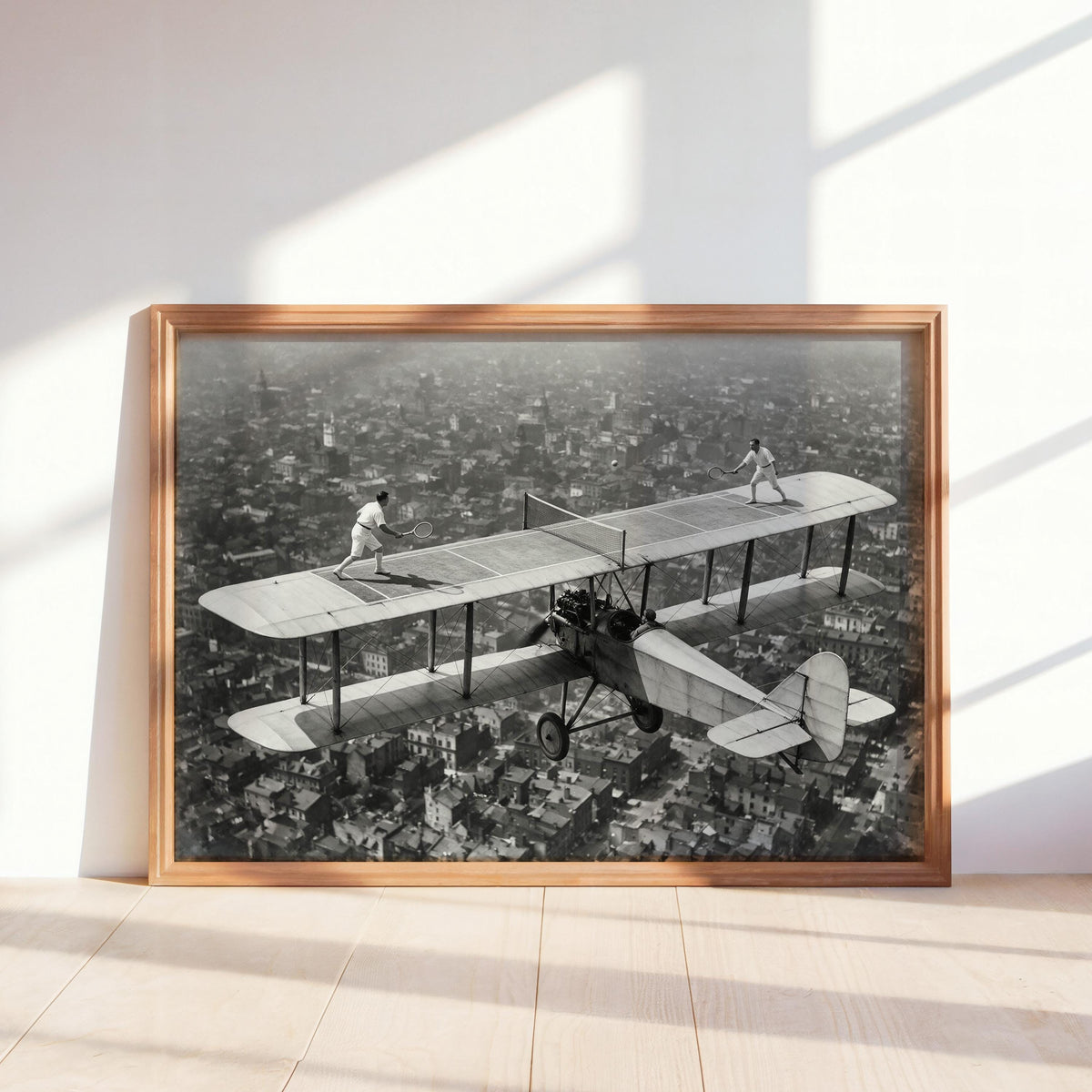Tennis on Airplane Print, Surreal Aviation Wall Art, Vintage Black and White Sport Poster, Retro Airline Flying Scene, Funny Old School Gift