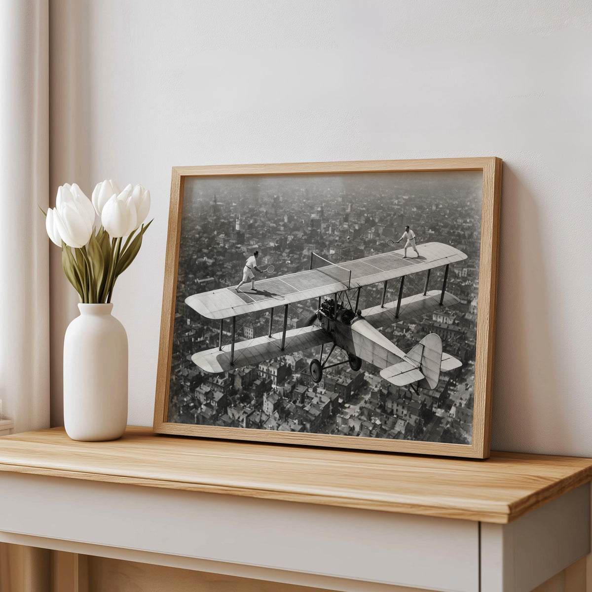 Tennis on Airplane Print, Surreal Aviation Wall Art, Vintage Black and White Sport Poster, Retro Airline Flying Scene, Funny Old School Gift